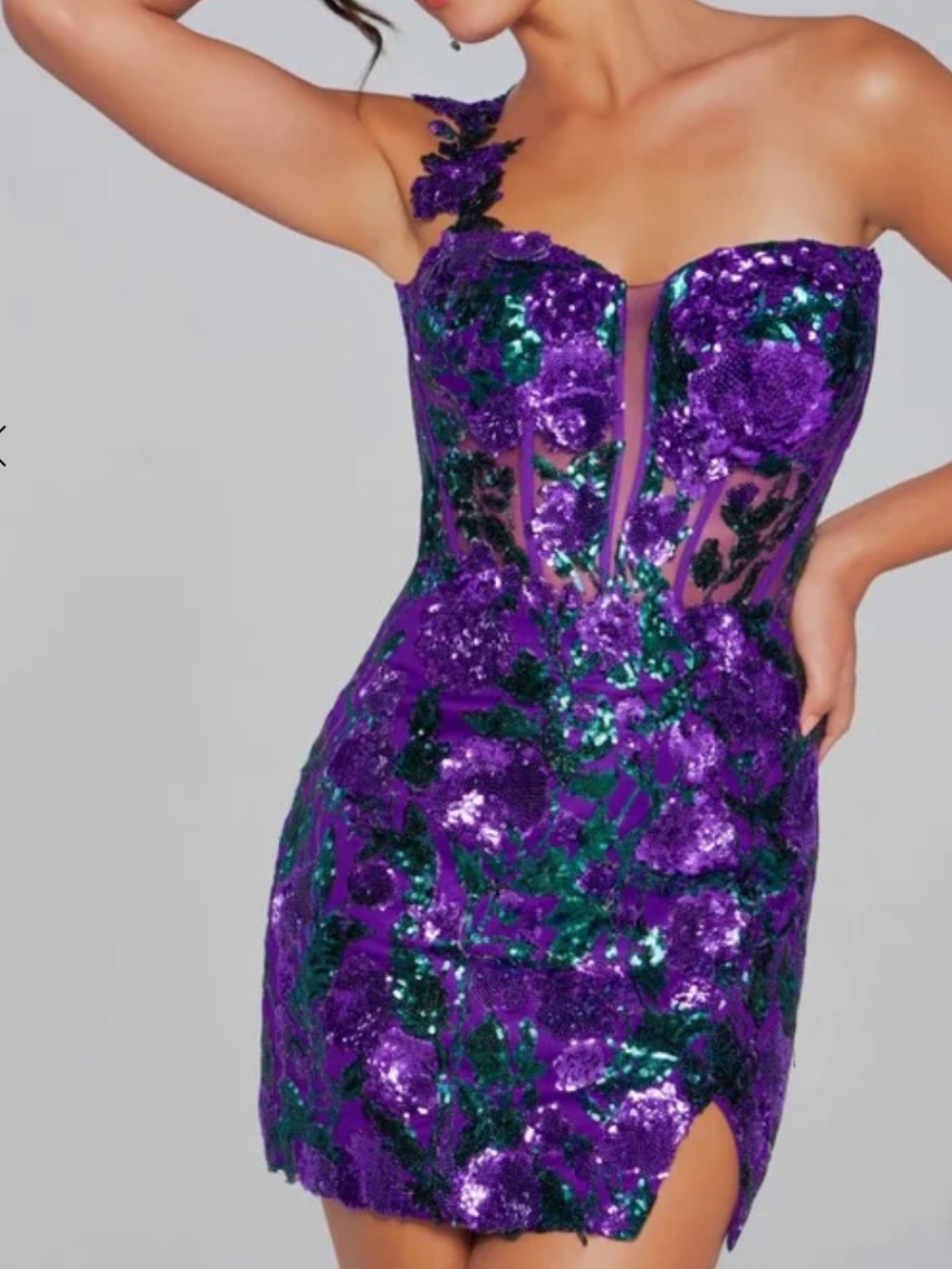 Jovani Purple and Green Sequin One-Shoulder Evening Dress 40647